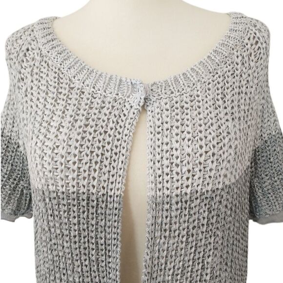 Chicos Open Knit Cardigan Sz 0 S Sweater Short Sleeve Shrug Capsule Luxury Gray - Picture 2 of 16